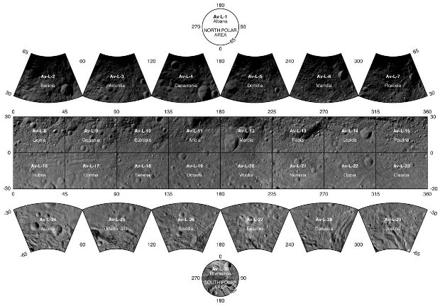 Le mappe che compongono l'atlante dell'asteroide gigante Vesta (NASA/JPL-Caltech/UCLA/MPS/DLR/IDA)