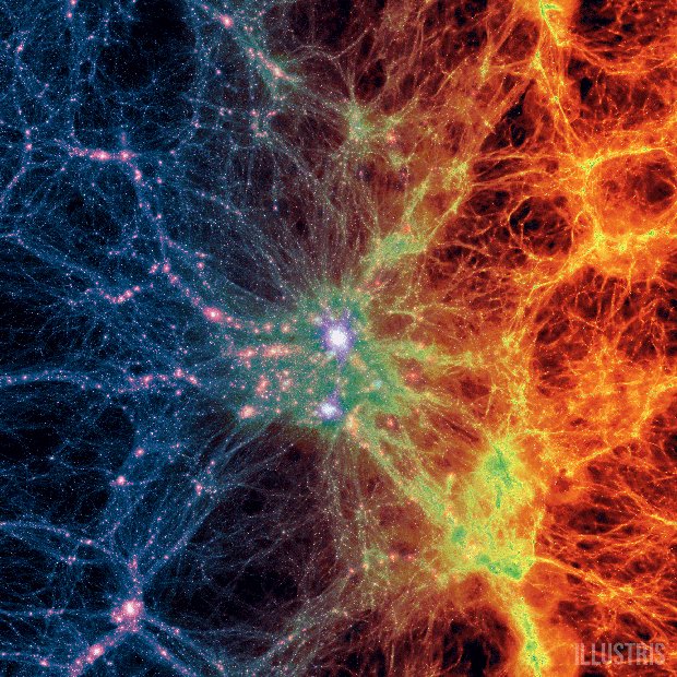 Simulazione di un ammasso di galassie in Illustris (Immagine cortesia collaborazione Illustris. Tutti i diritti riservati)