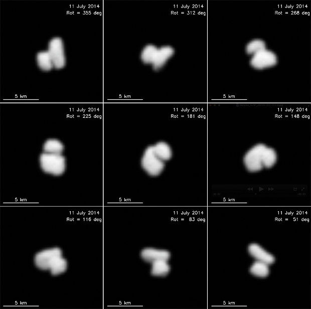 Composizione di varie fotografie della cometa 67P/Churyumov-Gerasimenko con il suo nucleo binario scattate dalla sonda spaziale Rosetta (Immagine ESA / Rosetta / MPS for OSIRIS Team MPS / UPD / LAM / IAA / SSO / INTA / UPM / DASP / IDA)