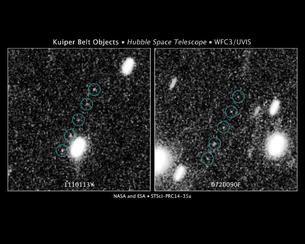 I due corpi celesti trovati dal telescopio spaziale Hubble nella fascia di Kuiper evidenziati dal loro moto (Immagine NASA, ESA, SwRI, JHU/APL, New Horizons KBO Search Team)
