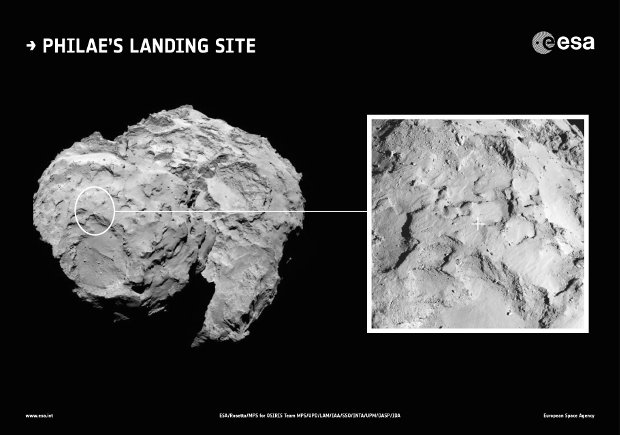 La posizione del sito primario sulla cometa 67P/Churyumov-Gerasimenko per l'atterraggio del lander Philae (Immagine ESA/Rosetta/MPS for OSIRIS Team MPS/UPD/LAM/IAA/SSO/INTA/UPM/DASP/IDA)