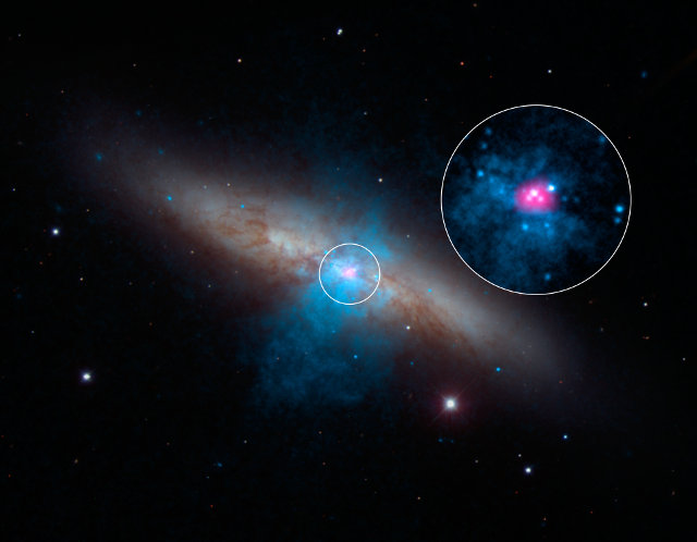 Immagine della galassia M82 con al centro, anche ingrandita, la pulsar M82 X-2 (Immagine NASA/JPL-Caltech/SAO/NOAO)