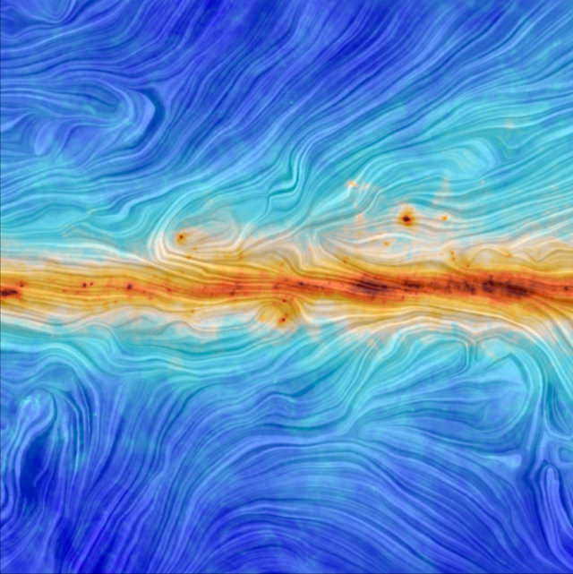 Il campo magnetico della Via Lattea lungo il piano galattico (Immagine ESA/Planck Collaboration. Acknowledgment: M.-A. Miville-Deschênes, CNRS – Institut d’Astrophysique Spatiale, Université Paris-XI, Orsay, France)