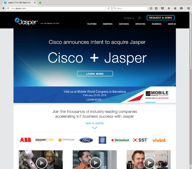 La home page del sito web di Jasper Technologies evidenzia l'accordo con Cisco