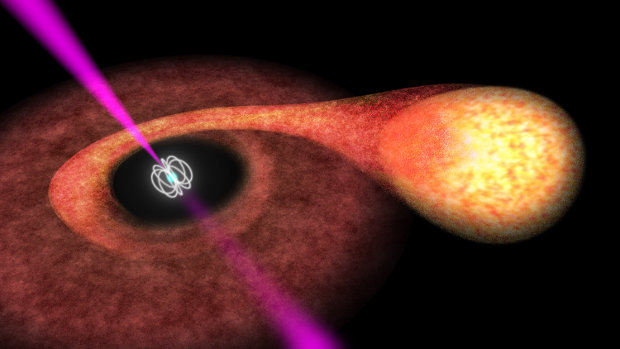 Concetto artistico di una pulsar che cattura materiale da una stella compagna (Immagine ESA)
