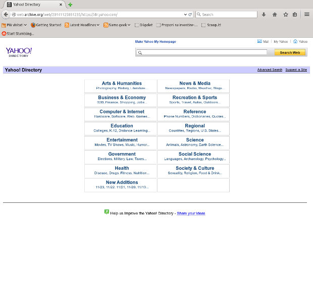 La home page di Yahoo Directory tramite archive.org