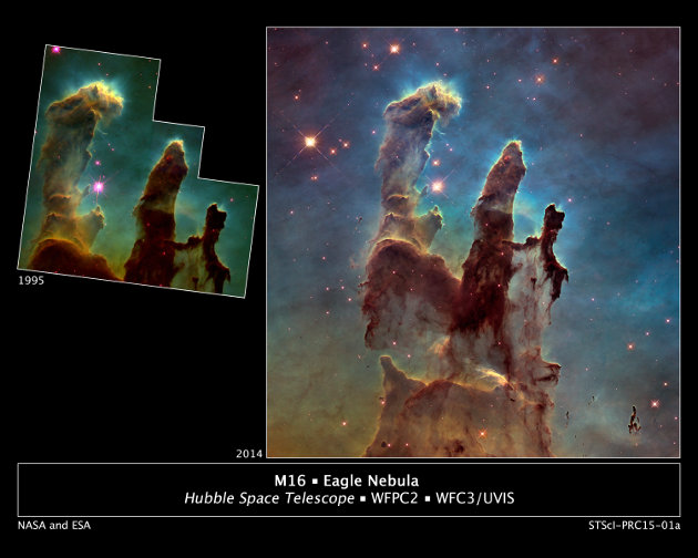 La nuova immagine dei Pilastri della Creazione a confronto con quella del 1995 (Foto NASA/ESA/Hubble Heritage Team (STScI/AURA)/J. Hester, P. Scowen (Arizona State U.))