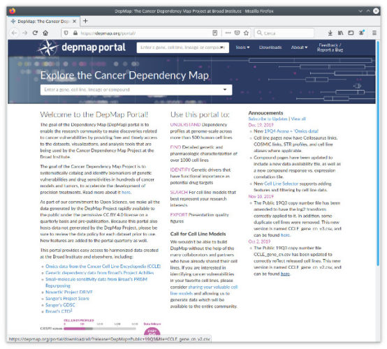 La home page del portale Cancer Dependency Map (Cancer DepMap)