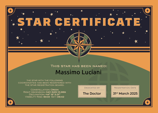 Il certificato di assegnazione della stella Massimo Luciani